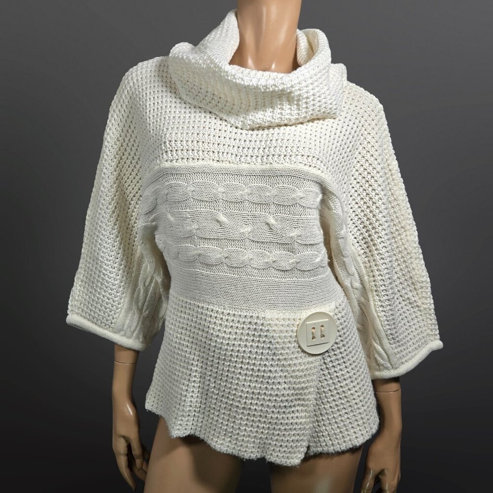 Y2K Chunky Cream Sweater Dolman Sleeves Big Button Size L Cowl Neck Fairy Boho